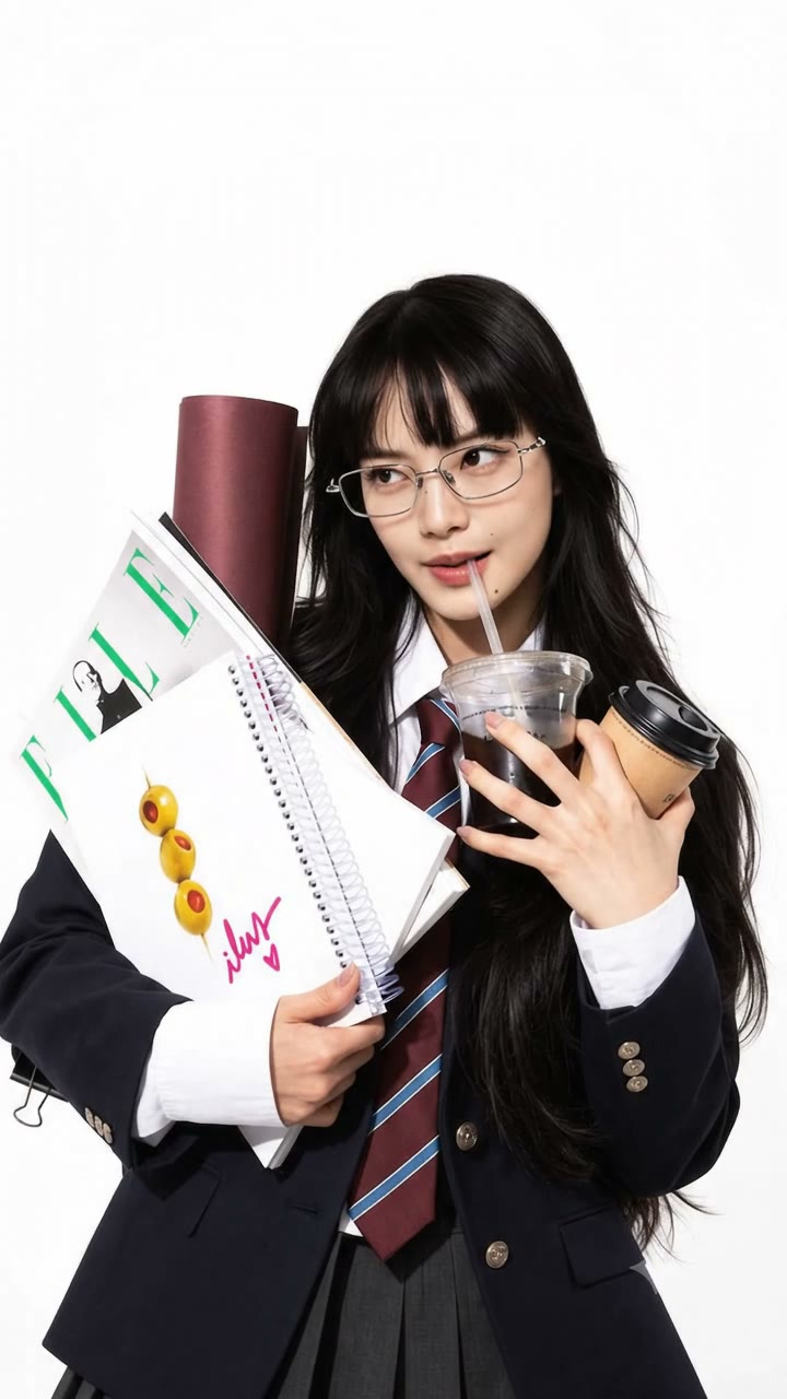 The same model throwing the items into the air